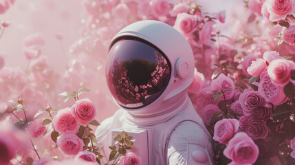 Astronaut in White Space Suit Surrounded by Pink Roses Flowers