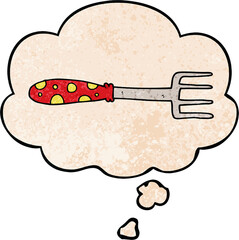 cartoon fork and thought bubble in grunge texture pattern style