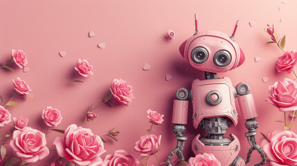 Robot Standing in Field of Pink Roses Flowers