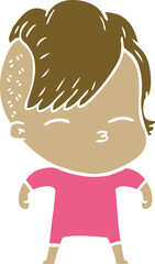 flat color style cartoon squinting girl