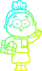 cold gradient line drawing cartoon happy old woman