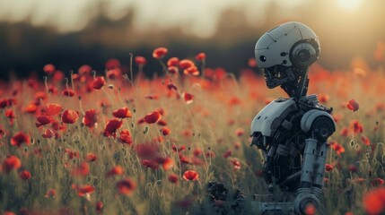 Robot Standing in a Field of Red Poppy Flowers