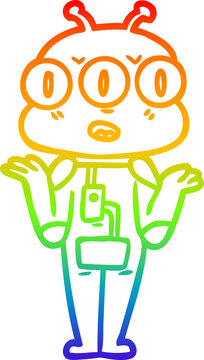 recommend clip art: rainbow gradient line drawing cartoon three eyed alien shrugging