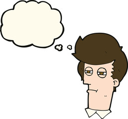 cartoon man with narrowed eyes with thought bubble
