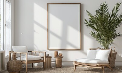 Living room interior with white sofa, coffee table, coffee table and vertical mock up poster frame. 