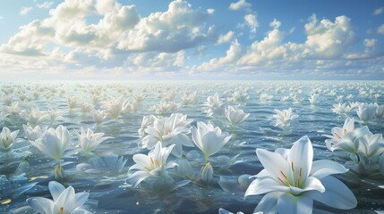 Group of White Lily Flowers Floating on Top of a Body of Water