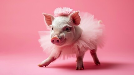 Small Pig in Tutu With Pink Background