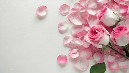 Pétales de roses roses romantiques sur fond blanc. Posé à plat et vue de dessus avec un espace de copie  - obrazy, fototapety, plakaty