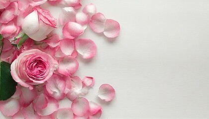 Pétales de roses roses romantiques sur fond blanc. Posés à plat et vue de dessus avec un espace de copie 
