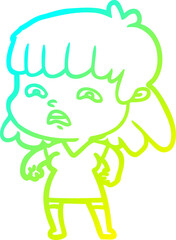 cold gradient line drawing cartoon worried woman