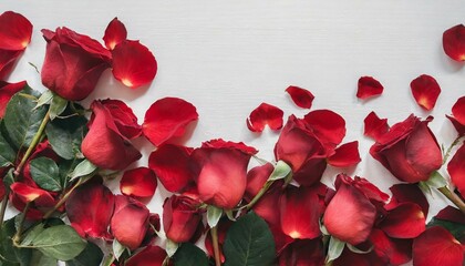 Fototapeta na wymiar Pétales de roses rouges romantiques sur fond blanc. Posé à plat et vue de dessus avec un espace de copie 
