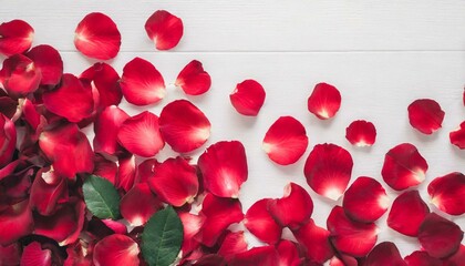 Pétales de roses rouges romantiques sur fond blanc. Posés à plat et vue de dessus avec un espace de copie  - obrazy, fototapety, plakaty