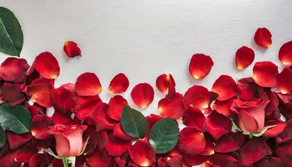 Pétales de roses rouges romantiques sur fond blanc. Posé à plat et vue de dessus avec un espace de copie 