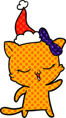 comic book style illustration of a cat with bow on head wearing santa hat