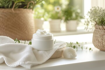 Fototapeta na wymiar Eco-Friendly Skincare, Organic Cream in a Serene Natural Setting, Product Mockup