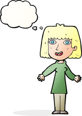 cartoon happy woman with thought bubble