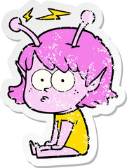 distressed sticker of a cartoon alien girl