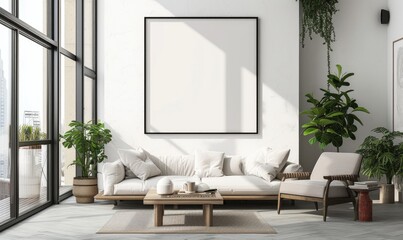 Living room interior with white sofa, coffee table, coffee table and horizontal mock up poster frame.