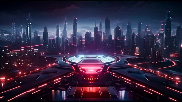 Abstract AI-generated background with UFO aliens spaceship above the city. Future technologies and artificial intelligence concept.