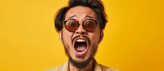 Obraz premium Studio portrait of an Asian man wearing fashionable sunglasses, displaying a surprising or shocking facial expression on a yellow backdrop.