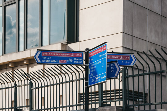 Directions and signs for cycling superhighway Vauxhall, London, UK, selective focus.