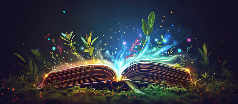World Book Day. Fantasy and literature concept. magic book with fantastic plants inside