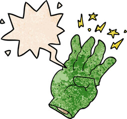 cartoon spooky magic hand and speech bubble in retro texture style