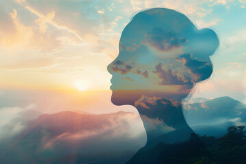 The image depicts a serene moment with the silhouette of a woman against the backdrop of a sunset, highlighting the interplay of shadows, nature, and the warmth of the sun
