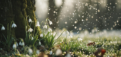 Beautiful snow drops growing through snow. First spring flowers - obrazy, fototapety, plakaty