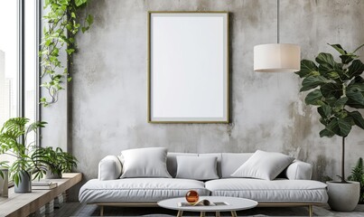Living room interior with white sofa, coffee table, coffee table and vertical mock up poster frame. 