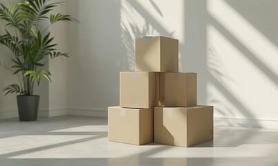 Cardboard boxes on the floor in modern room. Mockup. Delivery concept background.