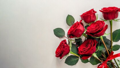 Bouquet de roses rouges, romantique sur un fond clair . Posé à plat et vue de dessus avec un espace pour le texte