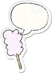cartoon candy floss on stick and speech bubble distressed sticker