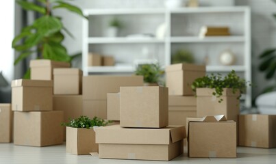 Moving boxes in empty room with green plants. Space for text. Box mockup on white