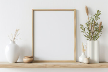Essential aesthetics come to life: A square empty mock-up poster frame graces a wooden shelf, within a modern living room boasting white walls and carefully curated home decor pieces.