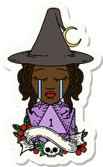 crying human witch with natural D20 roll sticker