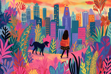The girl with a dog walks walks between skyscrapers. Colorful cozy village illustrations in favism style