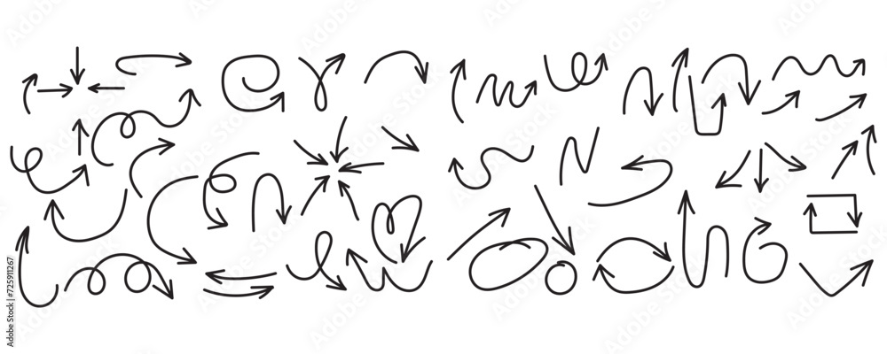 Poster hand drawn arrows collection. set of vector curved arrows hand drawn. sketch doodle style. set simpl