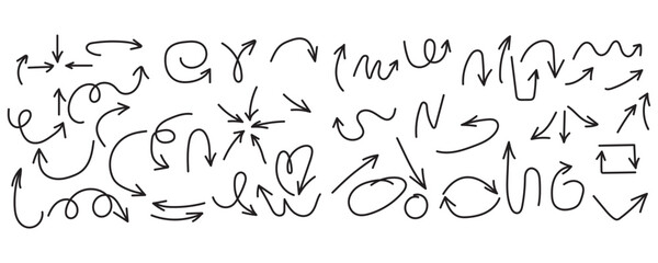hand drawn arrows Collection. Set of vector curved arrows hand drawn. Sketch doodle style. Set simple arrows isolated on white background. Arrow mark icons. Arrow paint.