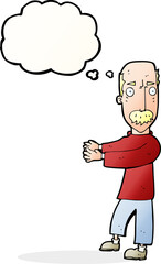 cartoon balding man explaining with thought bubble