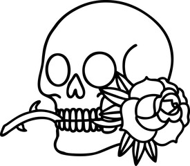 black line tattoo of a skull and rose