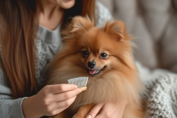 A spitz puppy sits on arms, a woman with a brush is brushing his fur. 