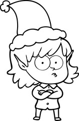 line drawing of a elf girl staring wearing santa hat