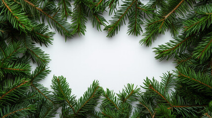 Fresh green pine needles creating a border on a white background.