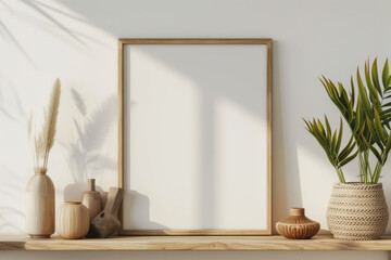Essential aesthetics come to life: A square empty mock-up poster frame graces a wooden shelf, within a modern living room boasting white walls