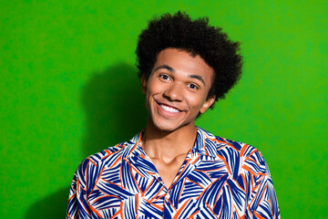 Portrait of happy guy toothy smiling candid person friendly student with funny curly exotic hairstyle isolated on green color background