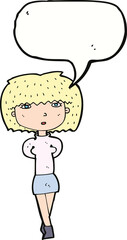 cartoon shy woman with speech bubble