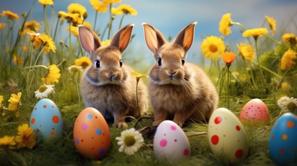 A cute Easter bunny in a meadow among blooming flowers and with colored eggs, a spring day during the Easter holidays.