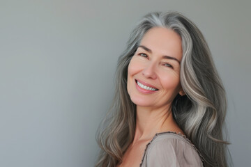 Portrait of an elegant mature woman with radiant skin, long gray hair, and a joyful smile. Cosmetics and beauty advertising.