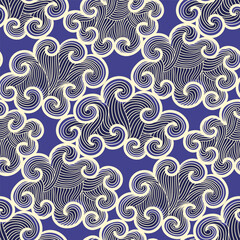 vector white line clouds asian style with horizontal lines seamless pattern on blue.